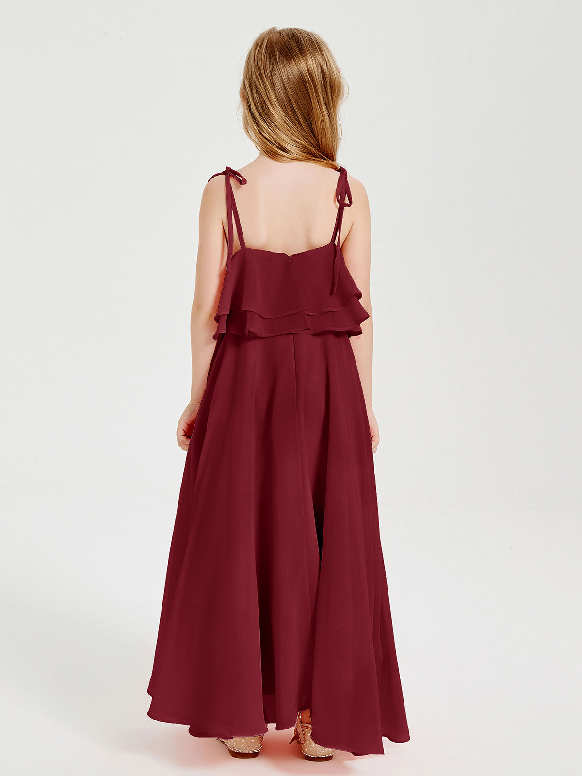 Chiffon Junior Bridesmaid Dresses Long Cascading Skirt Burgundy